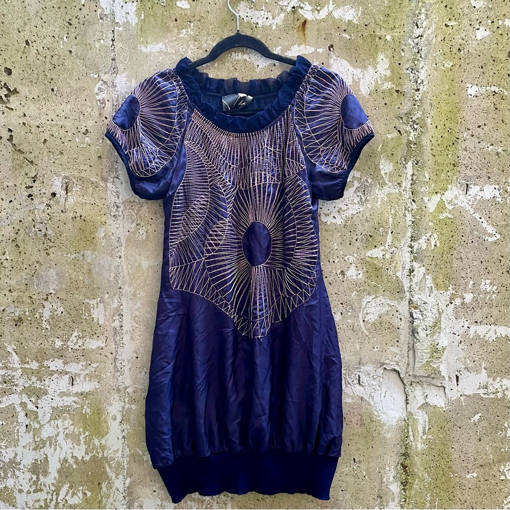 ✨3 for $50✨  Indigo Silk Dress w/ Intricate Embroidered Design, Small
